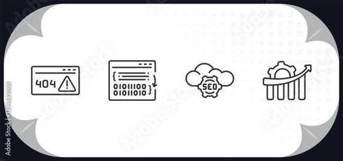 outline icons set - programming concept. error 404, compiler, seo cloud, seo growth.