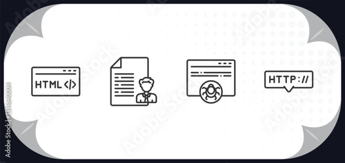 outline icons set - programming concept. html, seo report, bug report, http.