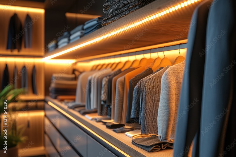Fototapeta premium Luxury Walk-in Closet with Warm LED Lighting and Organized Clothing