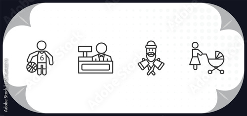 outline icons set - professions concept. basketball player, cashier, lumberjack, baby sitter.