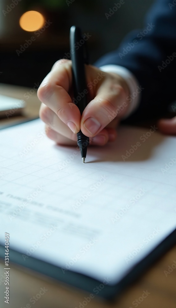 Close-up of hand with pen signing legal document on gray surface, signature, hand, gray Close-up of hand with pen signing legal document on gray surface, signature, hand, gray