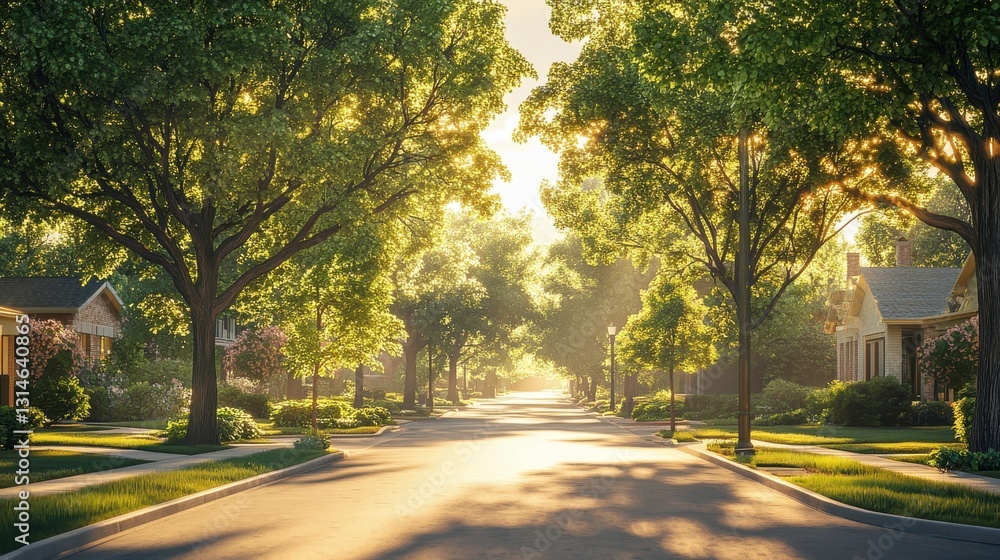 A serene neighborhood street lined with lush trees, bathed in soft sunlight, creating a peaceful and inviting atmosphere. A serene neighborhood street lined with lush trees, bathed in soft sunlight, creating a peaceful and inviting atmosphere.
