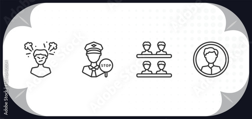 outline icons set - people concept. man angry, traffic police, classes, masculine avatar.