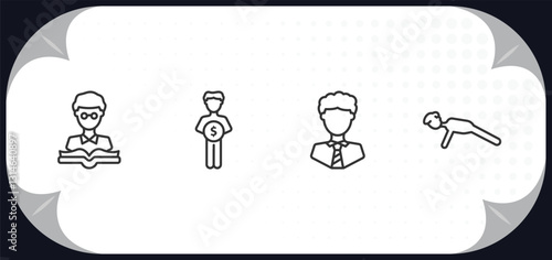 outline icons set - people concept. teacher reading, man saving money, business tie, push ups.