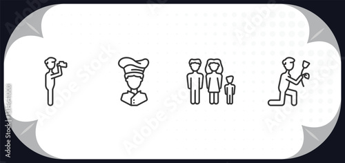 outline icons set - people concept. monocular, chief, family group, give flower.