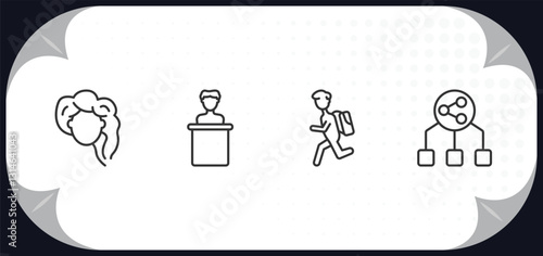 outline icons set - people concept. woman hair, speaker in a conference, backpacker running, user sharing files.