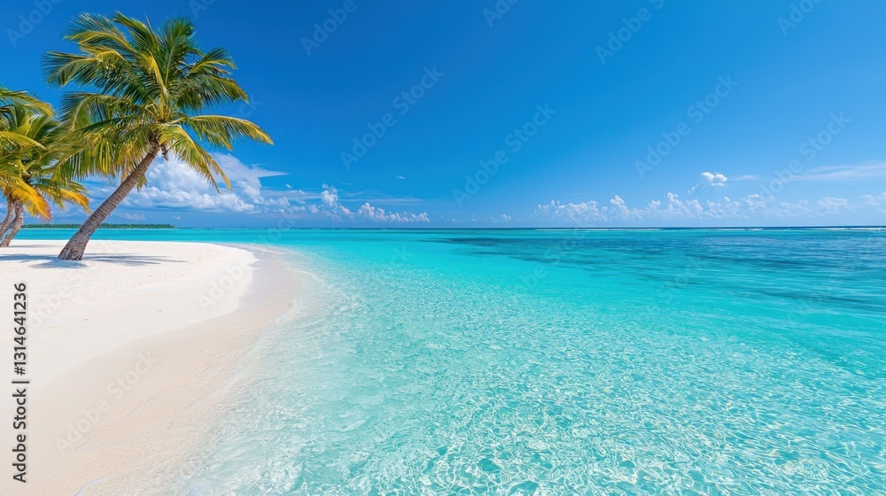 Fototapeta premium Serene beach with crystal-clear turquoise waters and palm trees