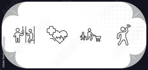 outline icons set - people concept. pregnant priority, healthcare and medical, father and son shopping, goodbye.