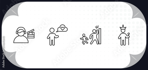 outline icons set - people concept. movie director, man thinking about love, hide and seek, king in his throne.