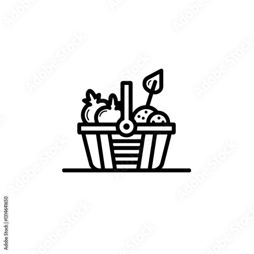 Minimalist picnic basket icon with fruits