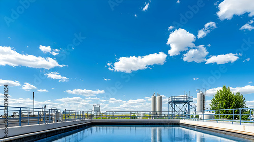 Modern Water Treatment Plant Under a Bright Blue Sky with White Clouds on a Sunny Day
