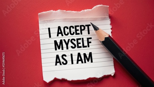 Note on a red background featuring the affirmation message I ACCEPT MYSELF AS I AM, representing concepts of repeated phrases aimed at encouraging self-worth and enhancing self-esteem, love, and un...