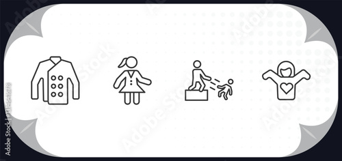 outline icons set - people concept. chef uniform, scholar girl front, man pushing child, getting dressed.