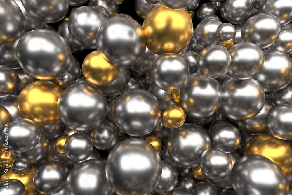 Metallic silver and gold reflective spheres cluster. 3d render. Metallic silver and gold reflective spheres cluster. 3d render.
