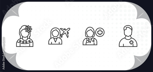 outline icons set - people concept. mexican woman, foreign reporter, female doctor, pacient.