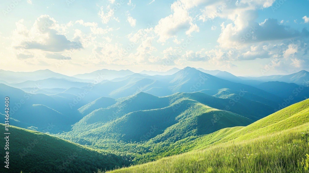 Fototapeta premium Panoramic mountain vista, sunlight, rolling hills, tranquil scenery