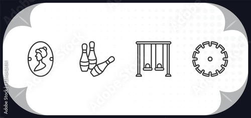 outline icons set - other concept. women's bathroom, skittles, swing game, saw blade.