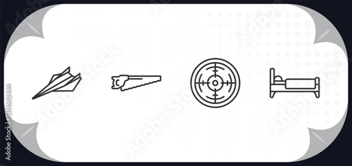 outline icons set - other concept. paper airplane, wood cutter, shooting gallery, sleeping bed.