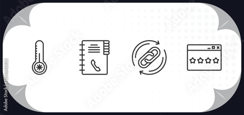 outline icons set - networking concept. low temperature, contact book, backlink, stars balloons.