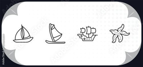 outline icons set - nautical concept. windsail, windsurf board, caravel, starfish with dots.