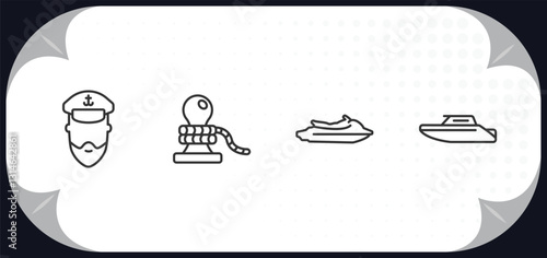 outline icons set - nautical concept. ship admiral, rope tied, watercraft, motorboat.