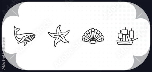 outline icons set - nautical concept. whale, starfish, big shell, classic ship.
