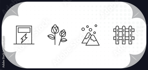 outline icons set - nature concept. eco energy source, two roses, snowed mountains, picket fence.