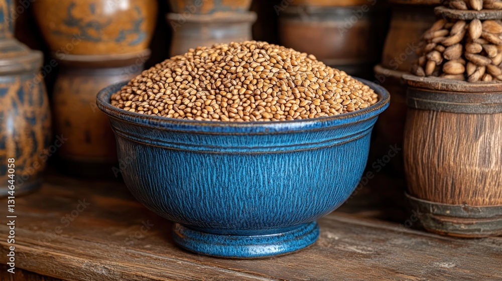 Dried seeds in blue bowl, antique store background Dried seeds in blue bowl, antique store background