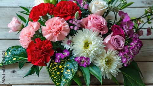 Wallpaper Mural Carnations, pink, rose, and white flowers alongside green leaves. Arranged on a wooden table. Torontodigital.ca