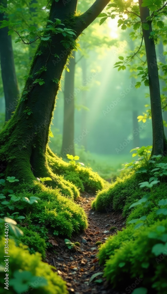 Fototapeta premium Soft mossy forest landscape with wavy green foliage and subtle texture, moss, organic