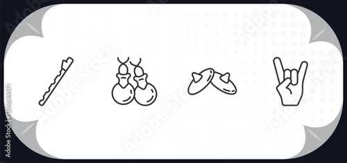 outline icons set - music concept. pennywhistle, castanets, cymbals, heavy metal.