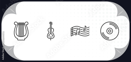 outline icons set - music concept. harp, double bass, melody, disc.