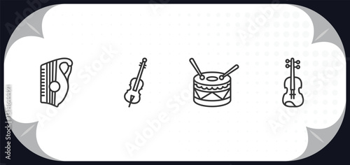 outline icons set - music concept. zither, violoncello, percussion, viola.
