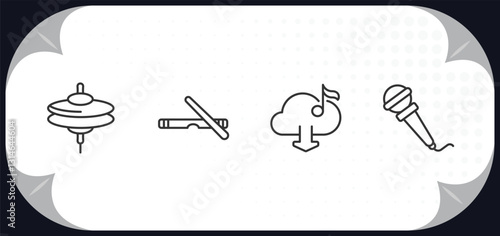 outline icons set - music and media concept. cymbal, clave, downloaded music cloud, hand mic.