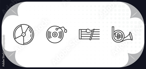 outline icons set - music and media concept. dvd disc, music record, eight note rest, french horn.