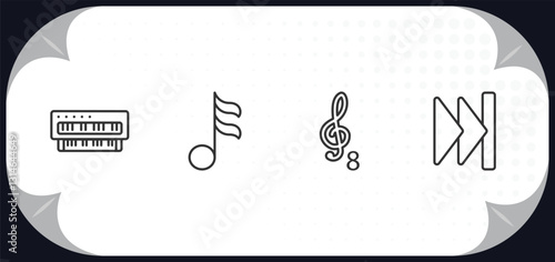 outline icons set - music and media concept. organ, sixteenth note, octave, skip.
