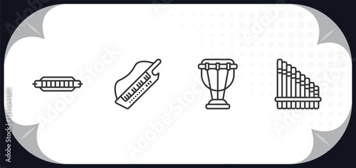 outline icons set - music and media concept. harmonica, keytar, timpani, panpipe.