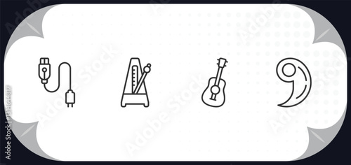 outline icons set - music and media concept. charging plug, metronome, ukelele, breath mark.