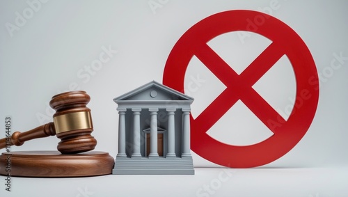 Government or bank structure alongside a red NO symbol and a judge's gavel. Cancellation of law or decree. Declaration of bank default or bankruptcy. Implementation of restrictions or sanctions. photo