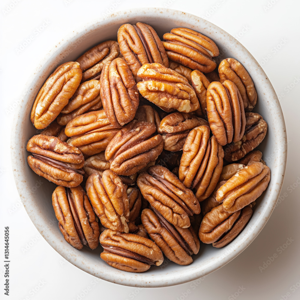Close-up of Pecan Halves in a Bowl with a White Background Close-up of Pecan Halves in a Bowl with a White Background