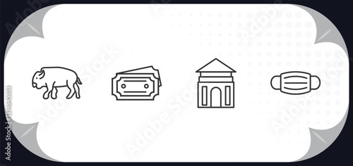 outline icons set - museum concept. buffalo, museum ticket, antic architecture, mask.