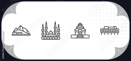 outline icons set - monuments concept. hu picchu, blue mosque, konark sun temple, .