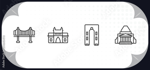 outline icons set - monuments concept. vincent thomas bridge, gat of india, ejer baunehoj, shrine of remembrance.