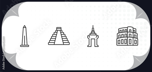 outline icons set - monuments concept. obelisk of bue aires, maya pyramid, cambodia, pula arena.