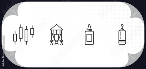outline icons set - miscellaneous concept. candlesticks, granary, glue bottle, muay thai.