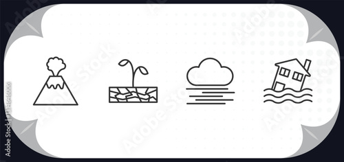 outline icons set - meteorology concept. erupting volcano, plant on drought, fog, flooding house.