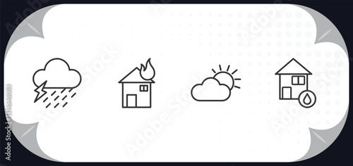 outline icons set - meteorology concept. rain and thunder, house on fire, weather, flooded home.