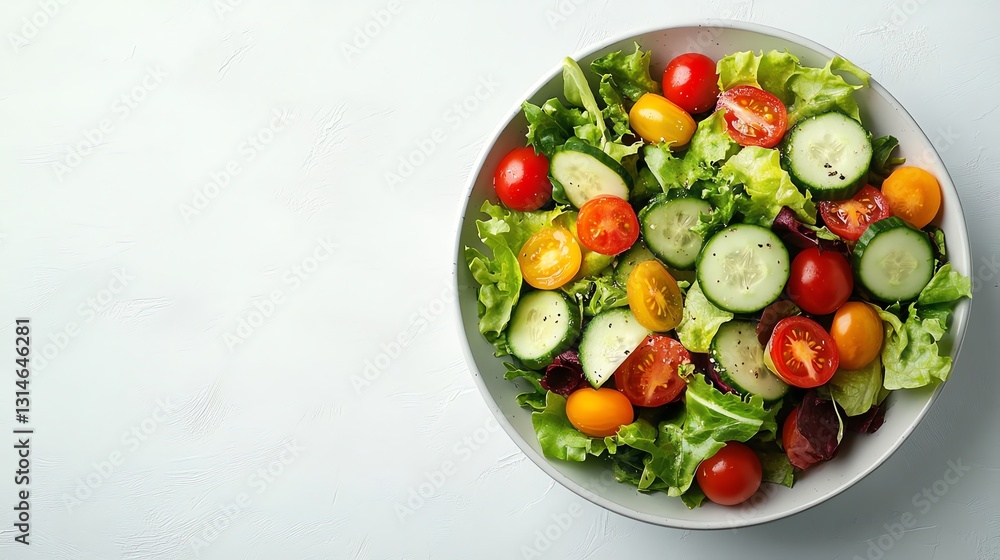 Fresh Garden Salad with Tomatoes and Cucumbers in Bowl Overhead Fresh Garden Salad with Tomatoes and Cucumbers in Bowl Overhead