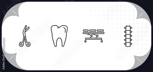 outline icons set - medical concept. opened medical scissors, molar tooth, table of treatments, vertebra.