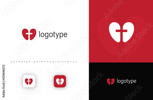 Minimalist heart logo with cross, symbolizing love, faith, healthcare. Ideal for medical organizations, Christian communities, charities, nonprofit foundations. Vector logo